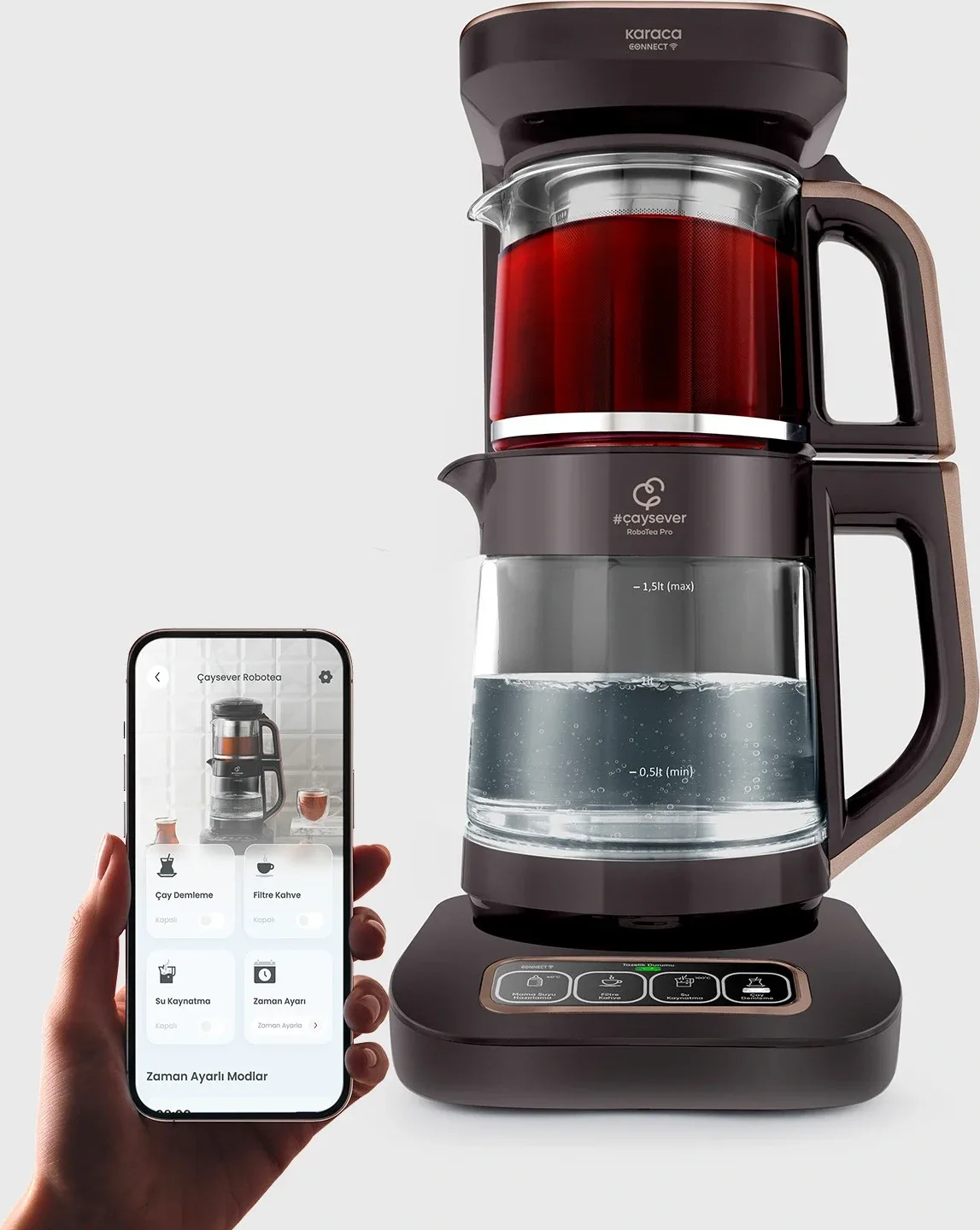 Karaca Çaysever Robotea Pro Connect 4 in 1 Konuşan Cam Çay Makinesi Walnut Brown