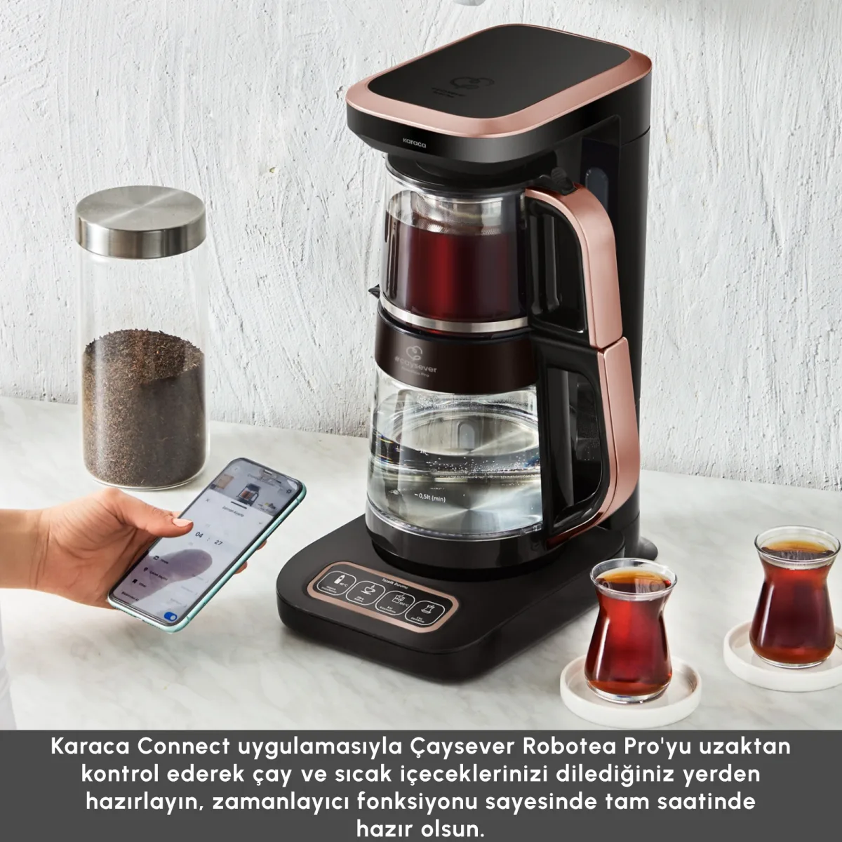 Karaca Çaysever Robotea Pro Connect 4 in 1 Konuşan Cam Çay Makinesi Rosegold - görsel 4
