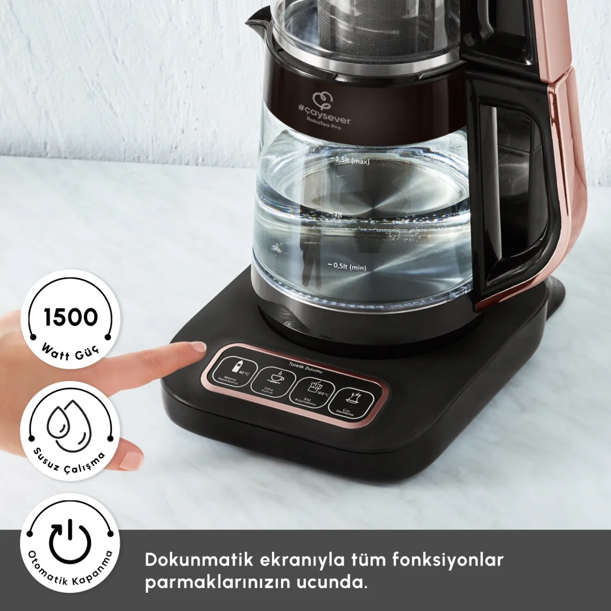 Karaca Çaysever Robotea Pro Connect 4 in 1 Konuşan Cam Çay Makinesi Rosegold - görsel 6
