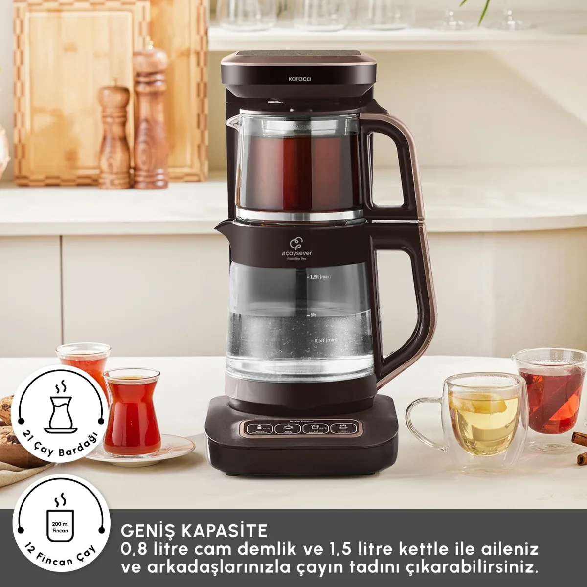 Karaca Çaysever Robotea Pro Connect 4 in 1 Konuşan Cam Çay Makinesi Walnut Brown - görsel 3
