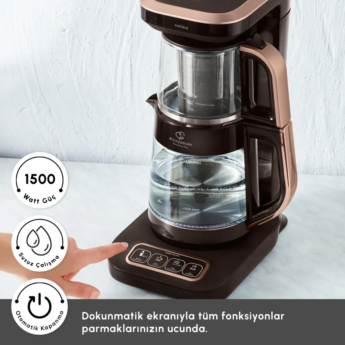 Karaca Çaysever Robotea Pro Connect 4 in 1 Konuşan Cam Çay Makinesi Walnut Brown - görsel 6