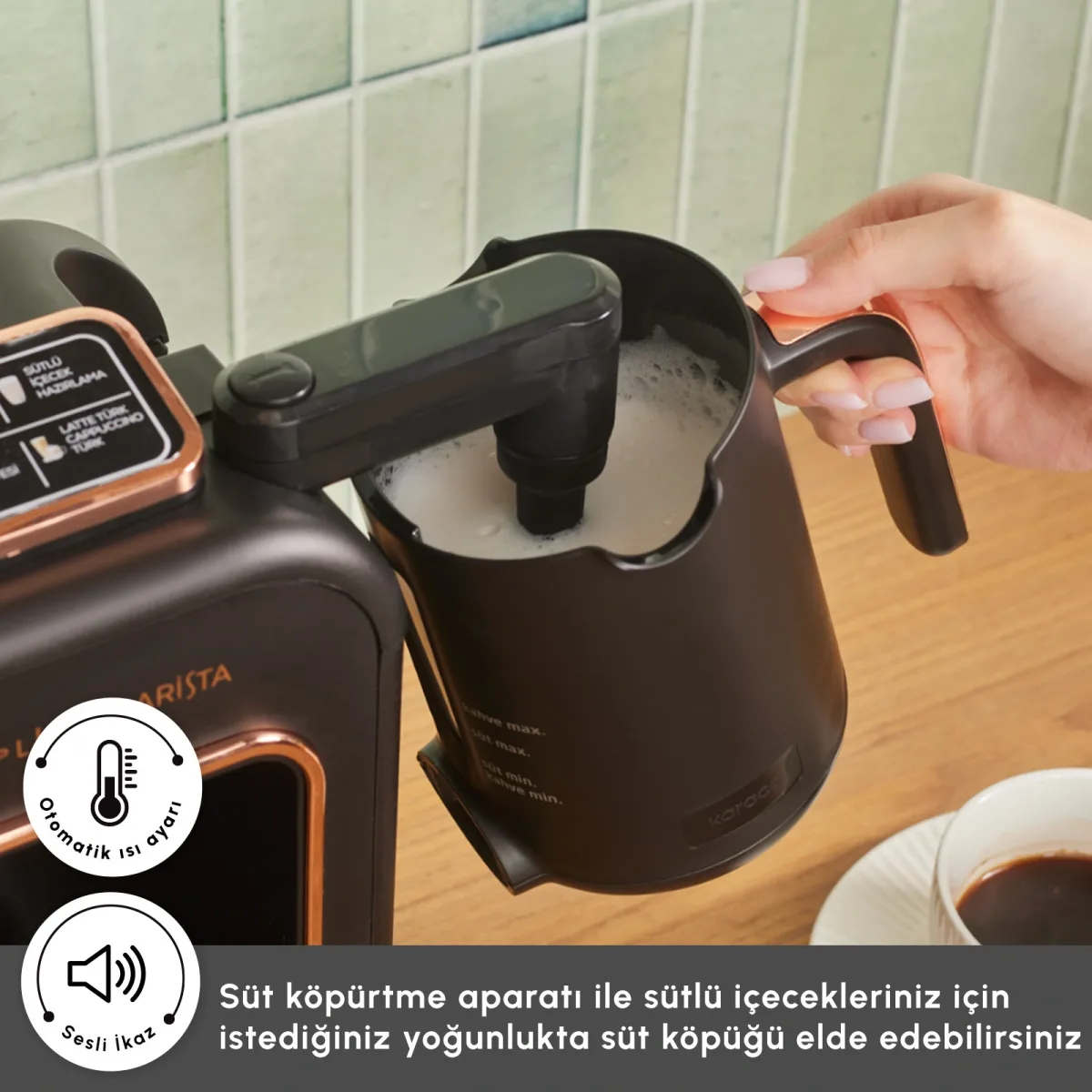 Karaca Hatır Plus Barista 6 in 1 Latte Cappuccino ve Közde Türk Kahve Makinesi Black Copper - görsel 4