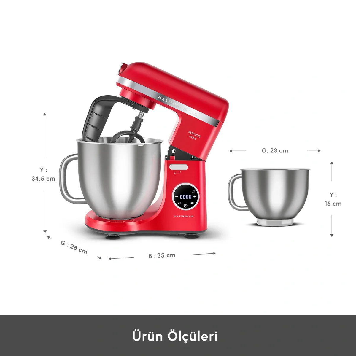 Karaca Mastermaid Chef Ultra D2000W Dijital Ekranlı Hamur Yoğurma Makinesi Imperial Red 7L - görsel 4