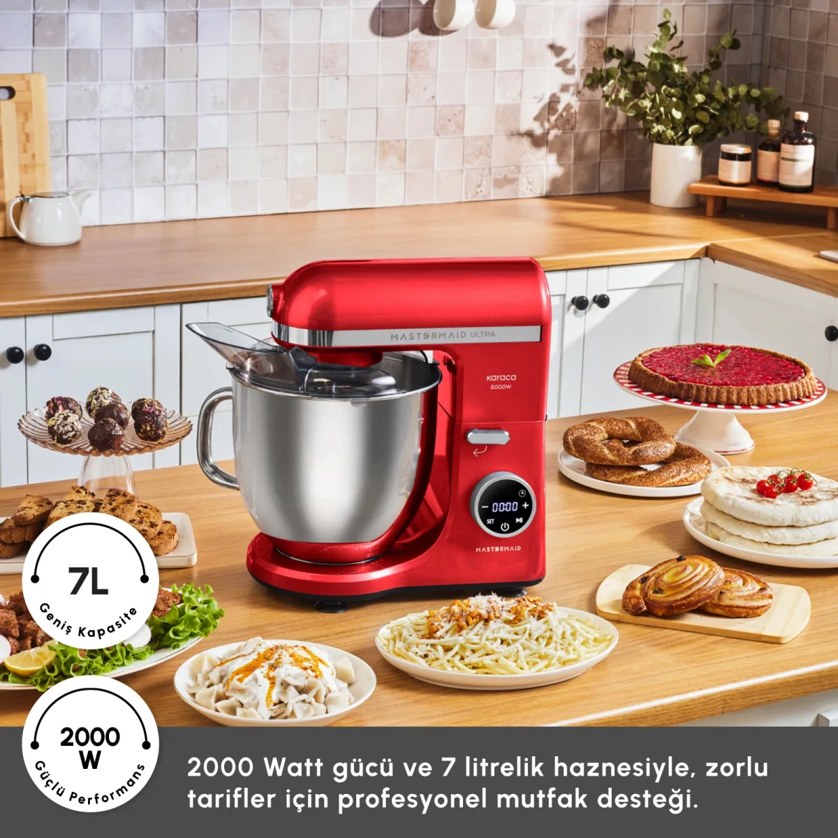 Karaca Mastermaid Chef Ultra D2000W Dijital Ekranlı Hamur Yoğurma Makinesi Imperial Red 7L - görsel 6