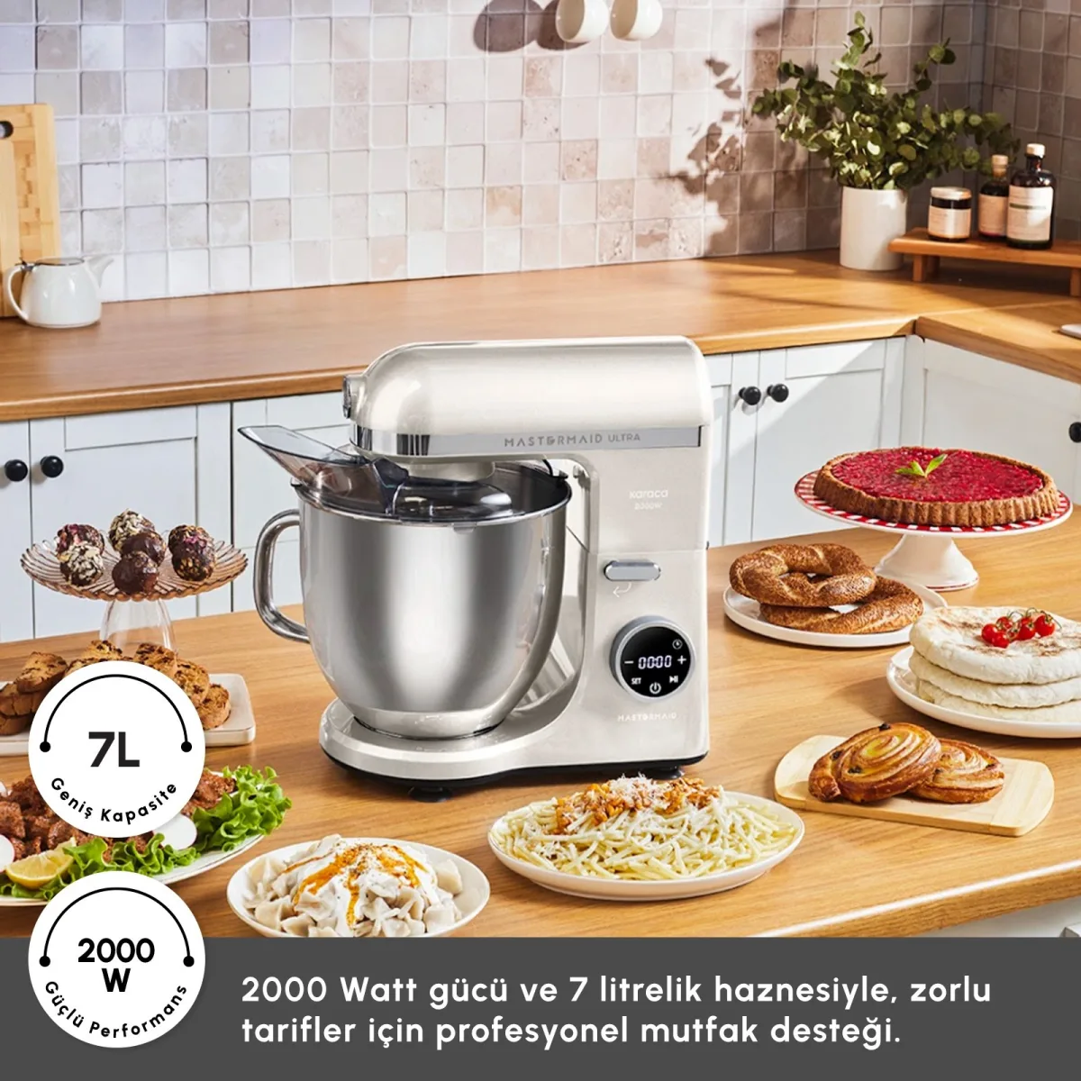 Karaca Mastermaid Chef Ultra D2000W Dijital Ekranlı Hamur Yoğurma Makinesi Starlight 7L - görsel 6
