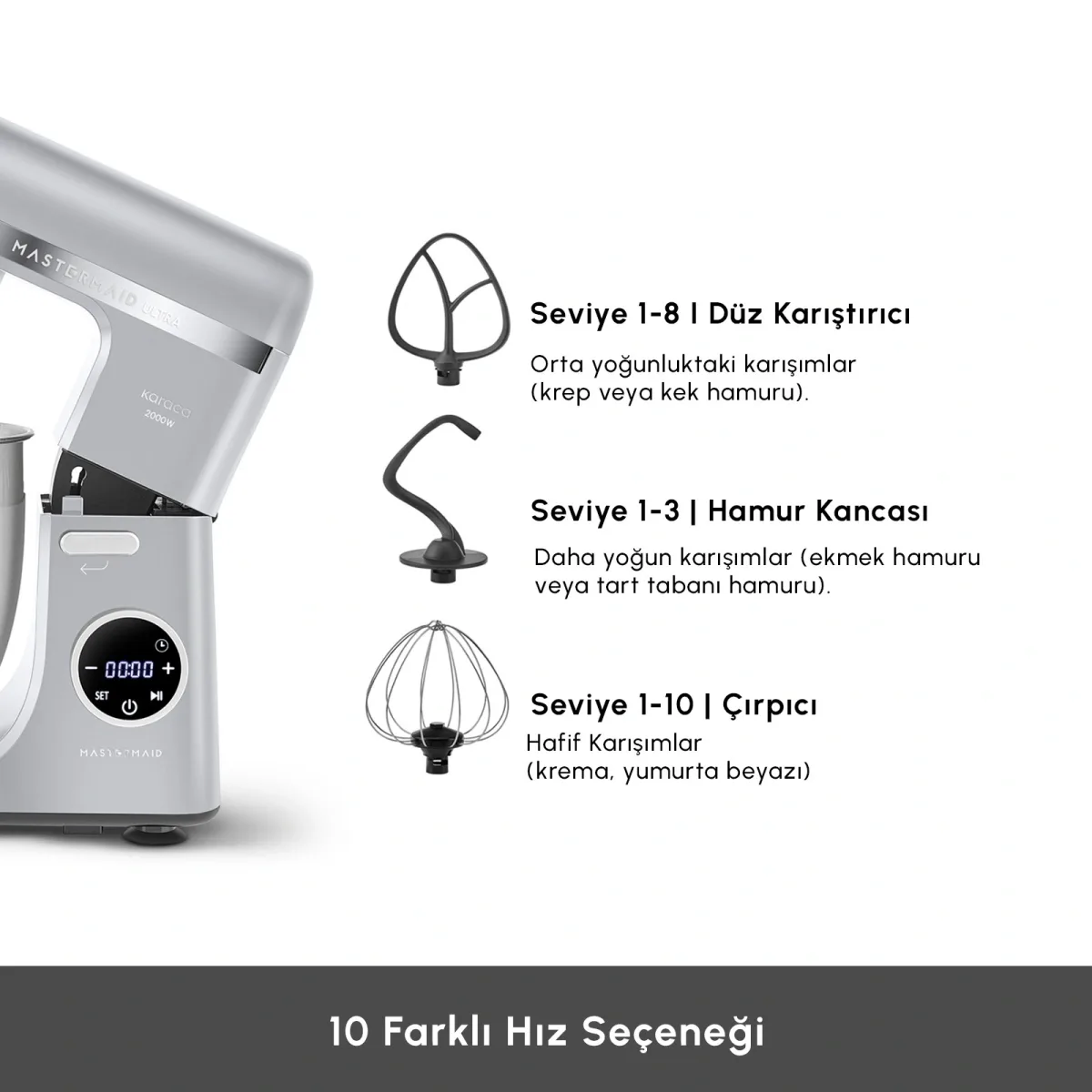 Karaca Mastermaid Chef Ultra D2000W Dijital Ekranlı Hamur Yoğurma Makinesi Silver 7L - görsel 5