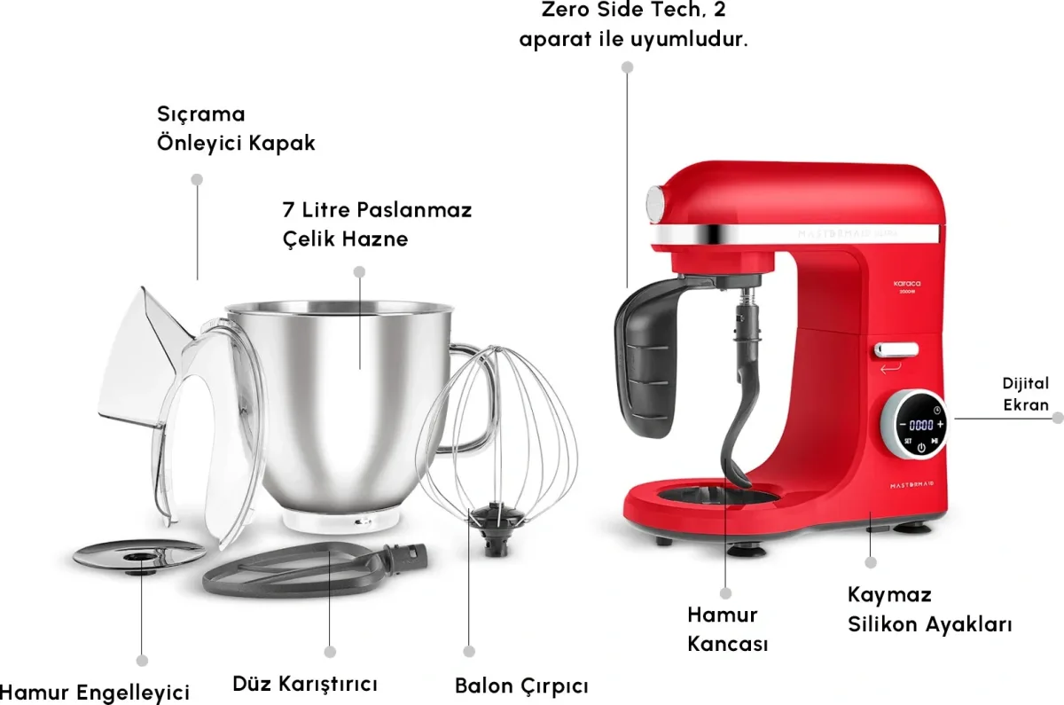 Karaca Mastermaid Chef Ultra D2000W Dijital Ekranlı Hamur Yoğurma Makinesi Imperial Red 7L - görsel 3