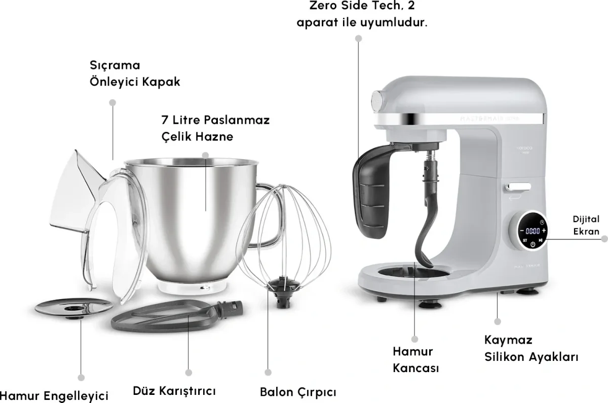 Karaca Mastermaid Chef Ultra D2000W Dijital Ekranlı Hamur Yoğurma Makinesi Silver 7L - görsel 3