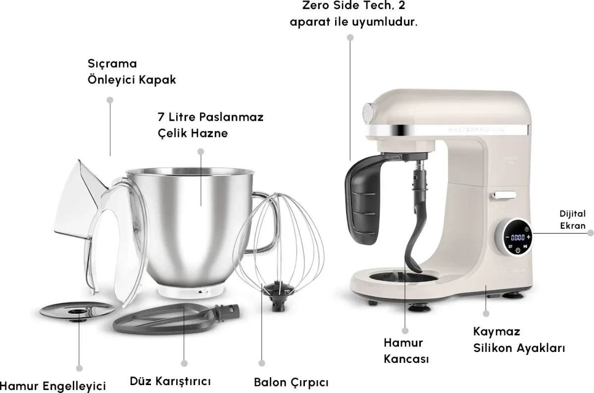 Karaca Mastermaid Chef Ultra D2000W Dijital Ekranlı Hamur Yoğurma Makinesi Starlight 7L - görsel 3