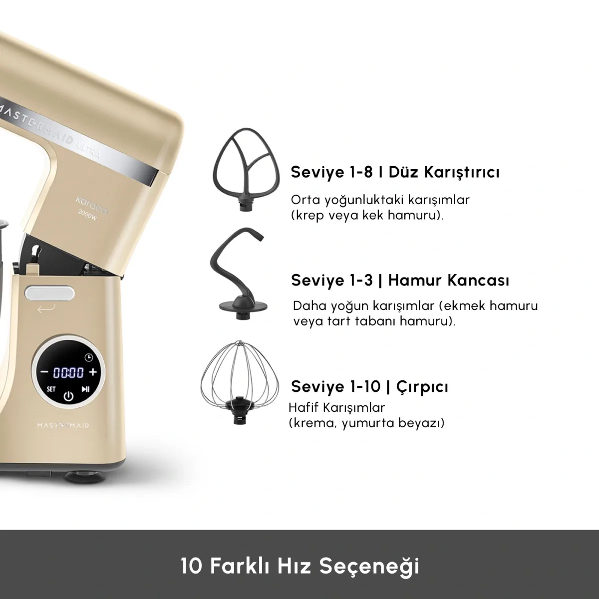 Karaca Mastermaid Chef Ultra D2000W Dijital Ekranlı Hamur Yoğurma Makinesi Mineral Gold 7L - görsel 5
