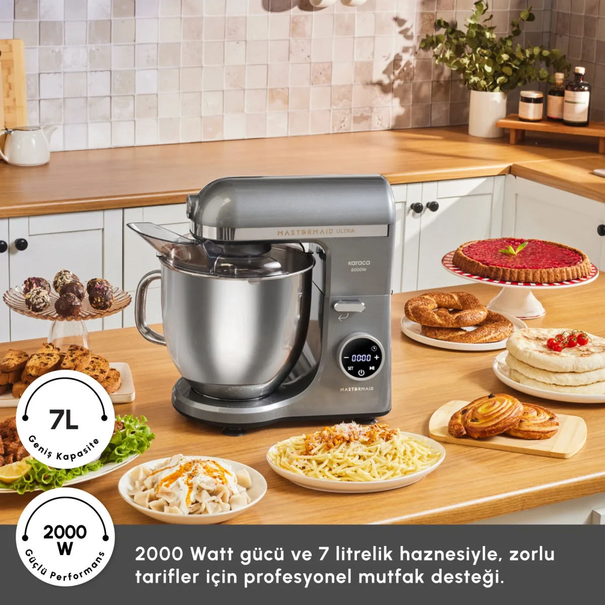 Karaca Mastermaid Chef Ultra D2000W Dijital Ekranlı Hamur Yoğurma Makinesi Galaxy Grey 7L - görsel 4