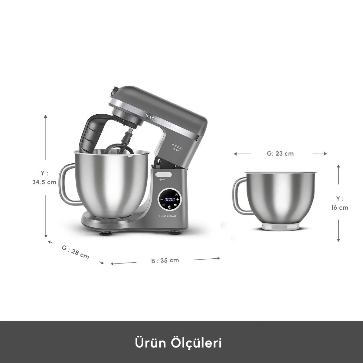 Karaca Mastermaid Chef Ultra D2000W Dijital Ekranlı Hamur Yoğurma Makinesi Galaxy Grey 7L - görsel 2