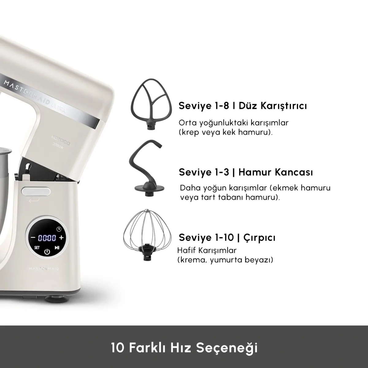 Karaca Mastermaid Chef Ultra D2000W Dijital Ekranlı Hamur Yoğurma Makinesi Starlight 7L - görsel 5