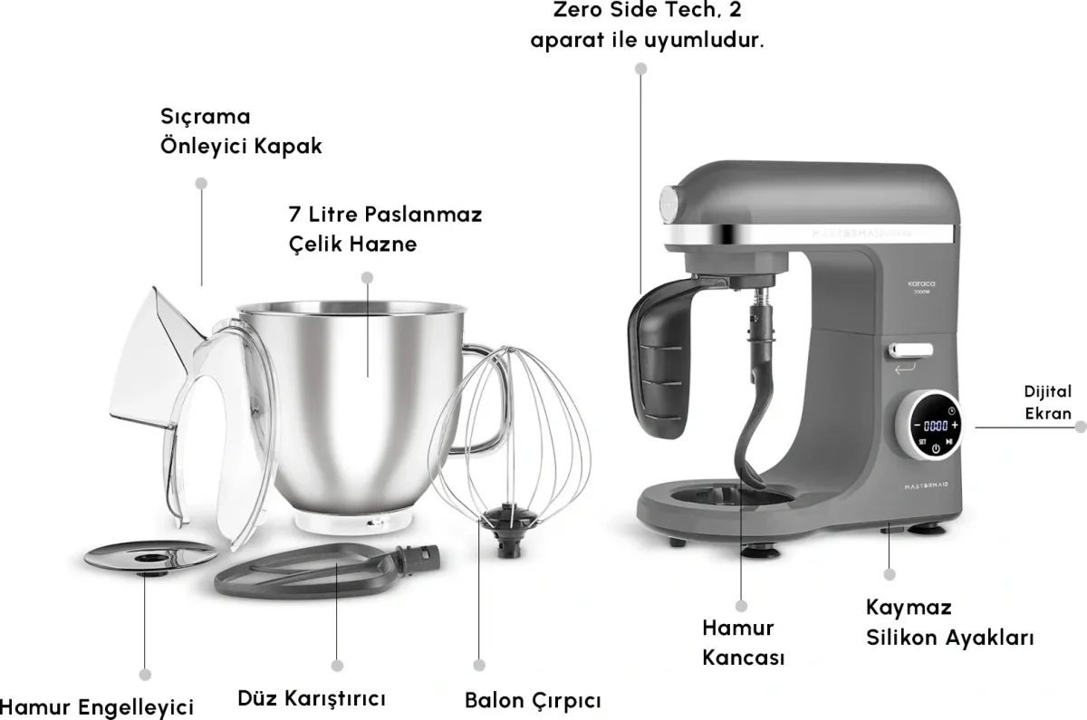 Karaca Mastermaid Chef Ultra D2000W Dijital Ekranlı Hamur Yoğurma Makinesi Galaxy Grey 7L - görsel 3