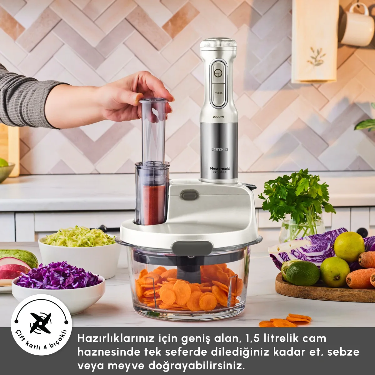 Karaca Mastermaid Prosteel 6 in 1 Uzun Blender Ayaklı 6 Bıçaklı Cam Hazneli Rendeli Mutfak Robotu Swiss Cream - görsel 6
