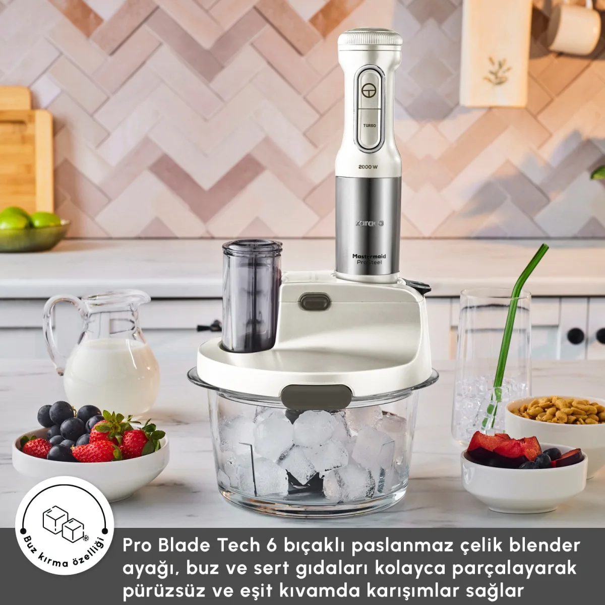Karaca Mastermaid Prosteel 6 in 1 Uzun Blender Ayaklı 6 Bıçaklı Cam Hazneli Rendeli Mutfak Robotu Swiss Cream - görsel 5