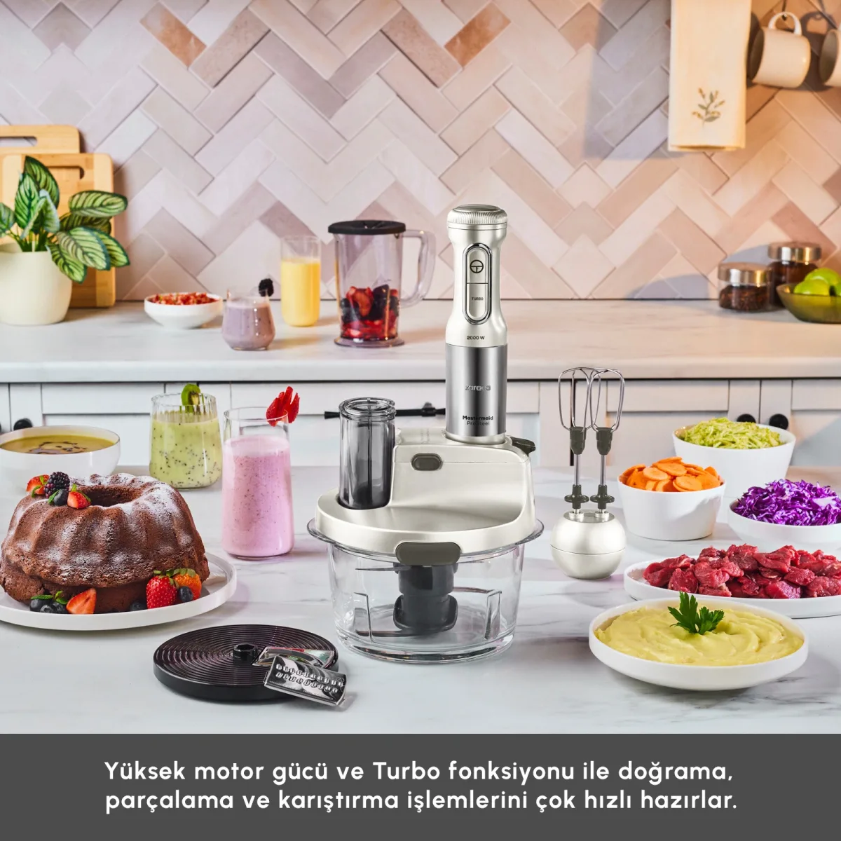 Karaca Mastermaid Prosteel 6 in 1 Uzun Blender Ayaklı 6 Bıçaklı Cam Hazneli Rendeli Mutfak Robotu Swiss Cream - görsel 3