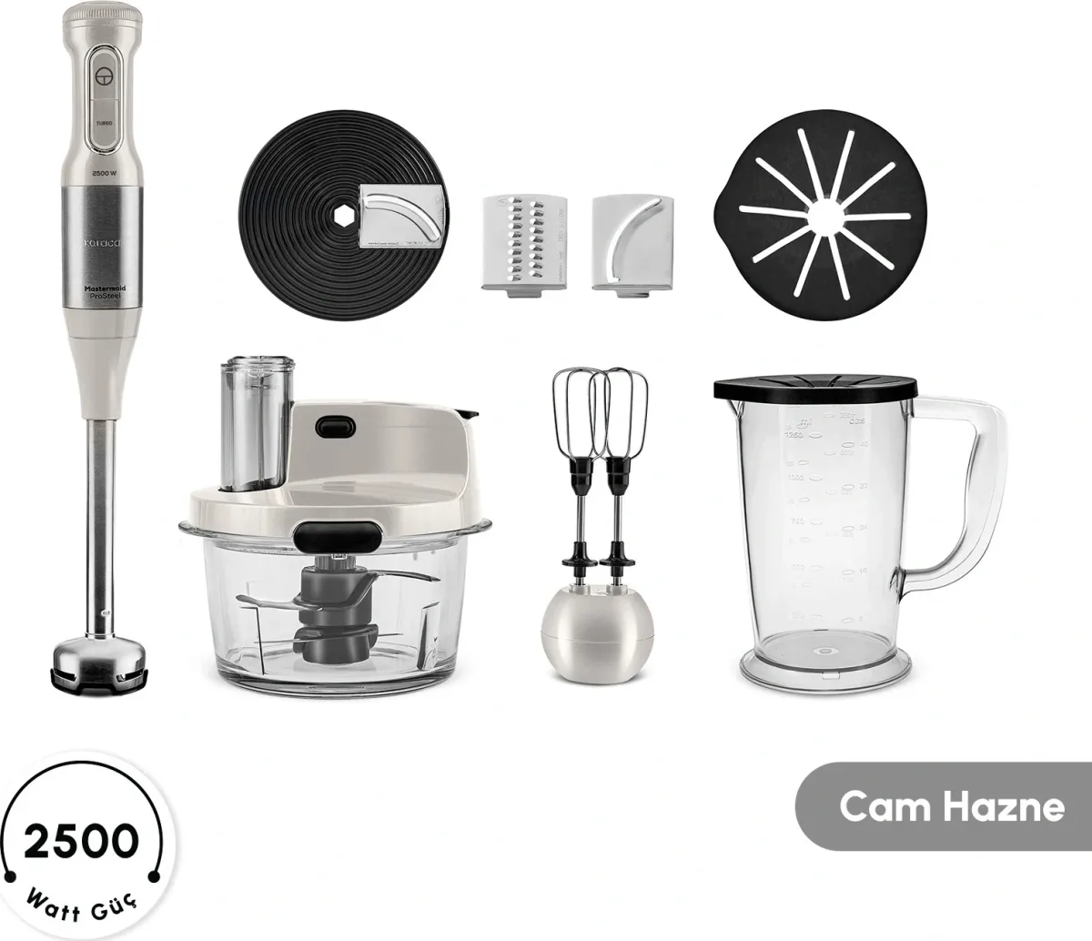 Karaca Mastermaid Prosteel 6 in 1 Uzun Blender Ayaklı 6 Bıçaklı Cam Hazneli Rendeli Mutfak Robotu Swiss Cream