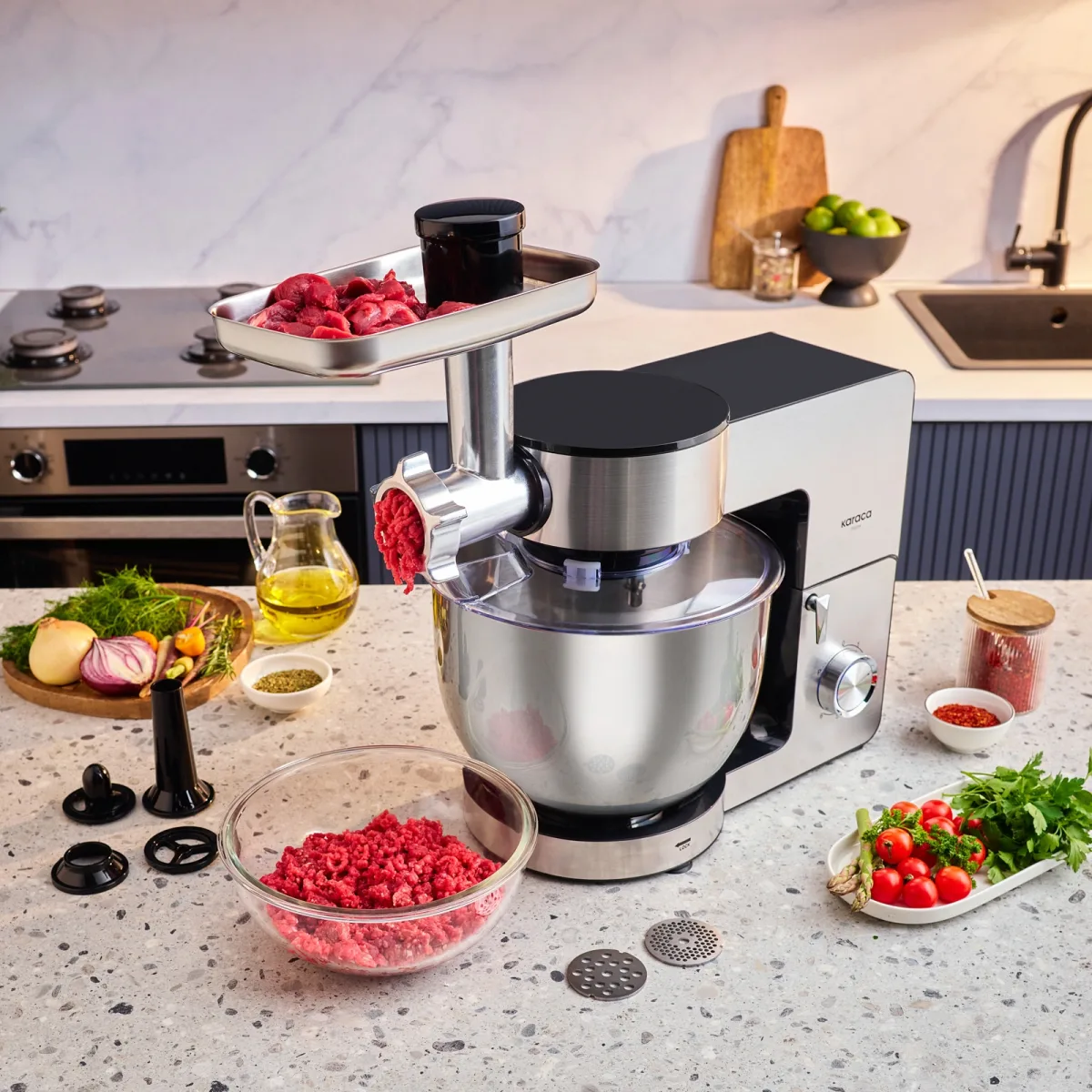 Karaca Multichef Ultra Inox Kıyma Çekme/Sucuk-Sosis/İçli Köfte Aparatlı Hamur Yoğurma Makinesi 8L