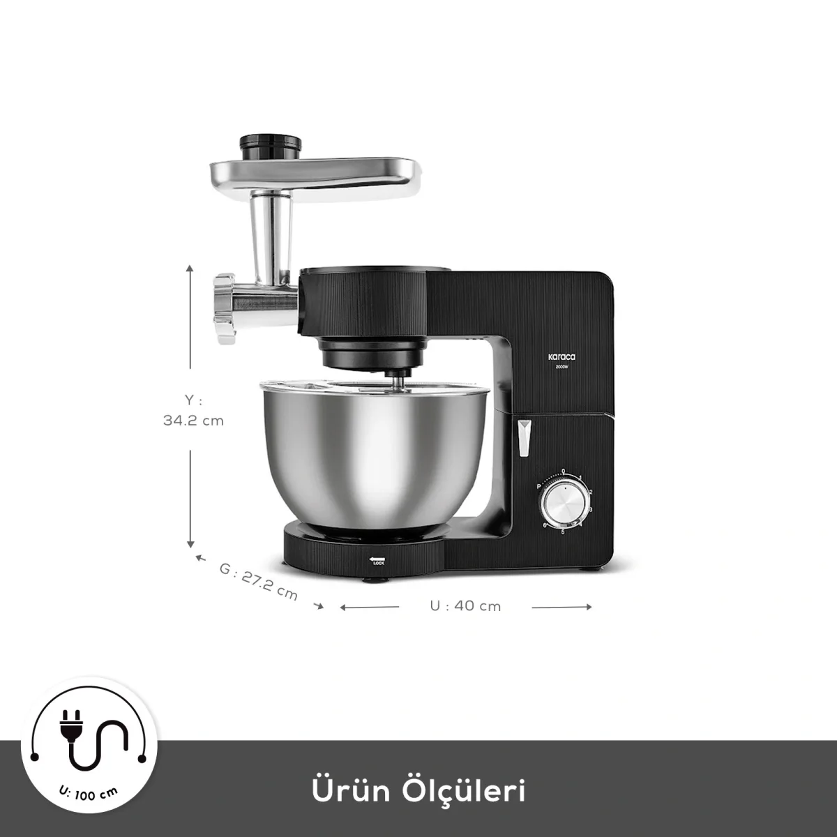 Karaca Multichef Ultra Kıyma Çekme/Sucuk-Sosis/İçli Köfte Aparatlı Hamur Yoğurma Makinesi Black 8L - görsel 2