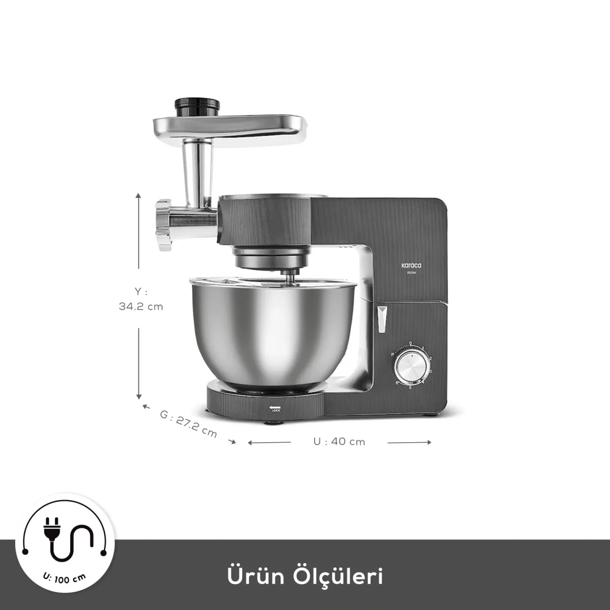 Karaca Multichef Ultra Kıyma Çekme/Sucuk-Sosis/İçli Köfte Aparatlı Hamur Yoğurma Makinesi Antrasit 8L - görsel 2