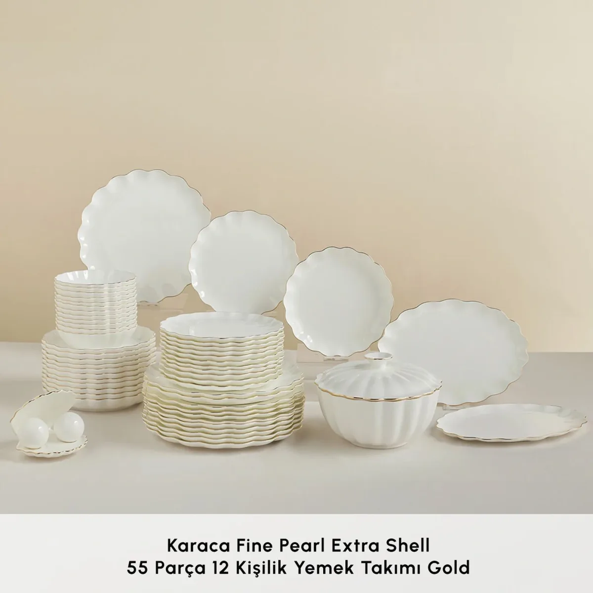 Karaca Red Carpet Collection Fine Pearl Extra Shell 55 Parça 12 Kişilik Yemek Takımı Gold