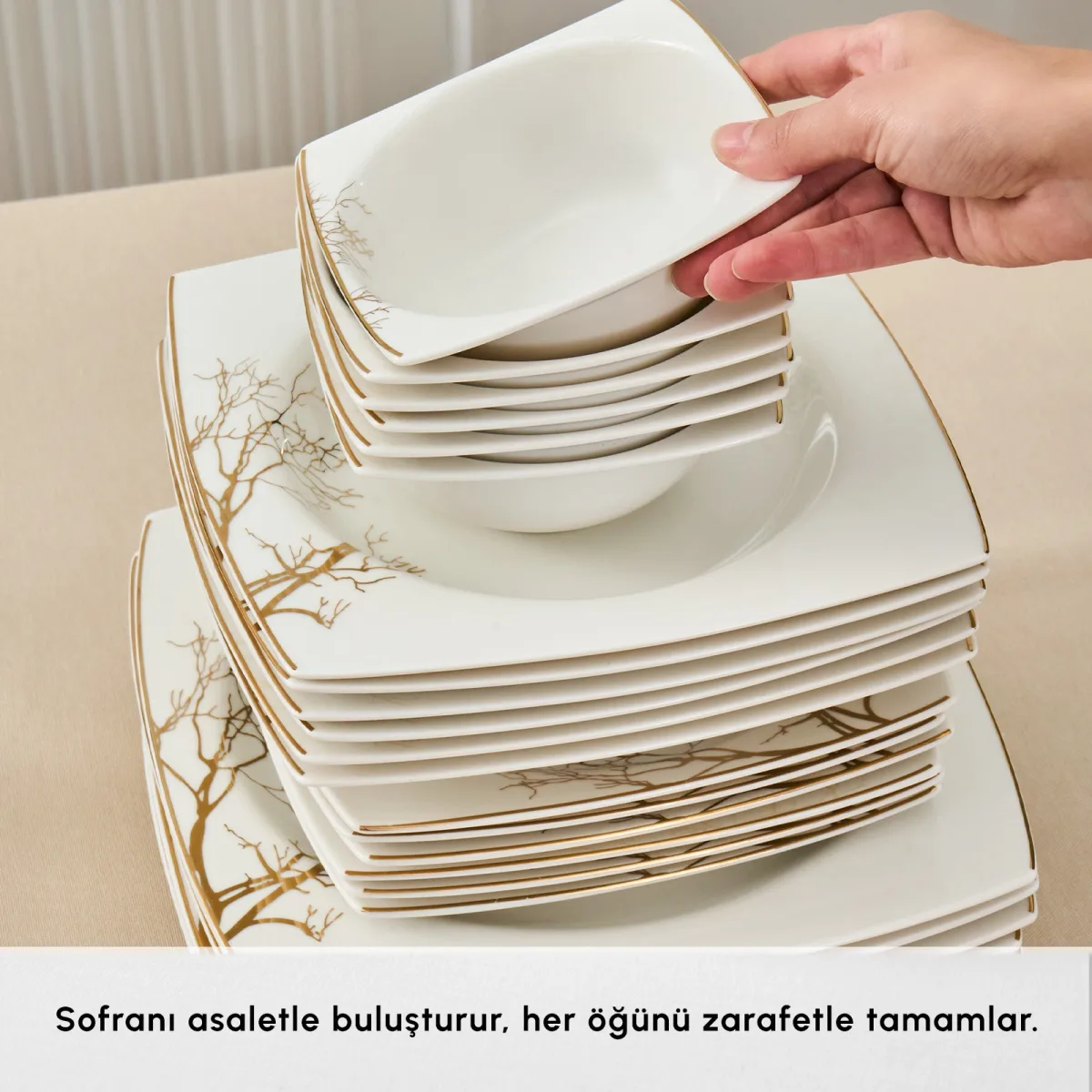Karaca Square Bone Autumn 60 Parça 12 Kişilik Yemek Takımı Gold - görsel 6