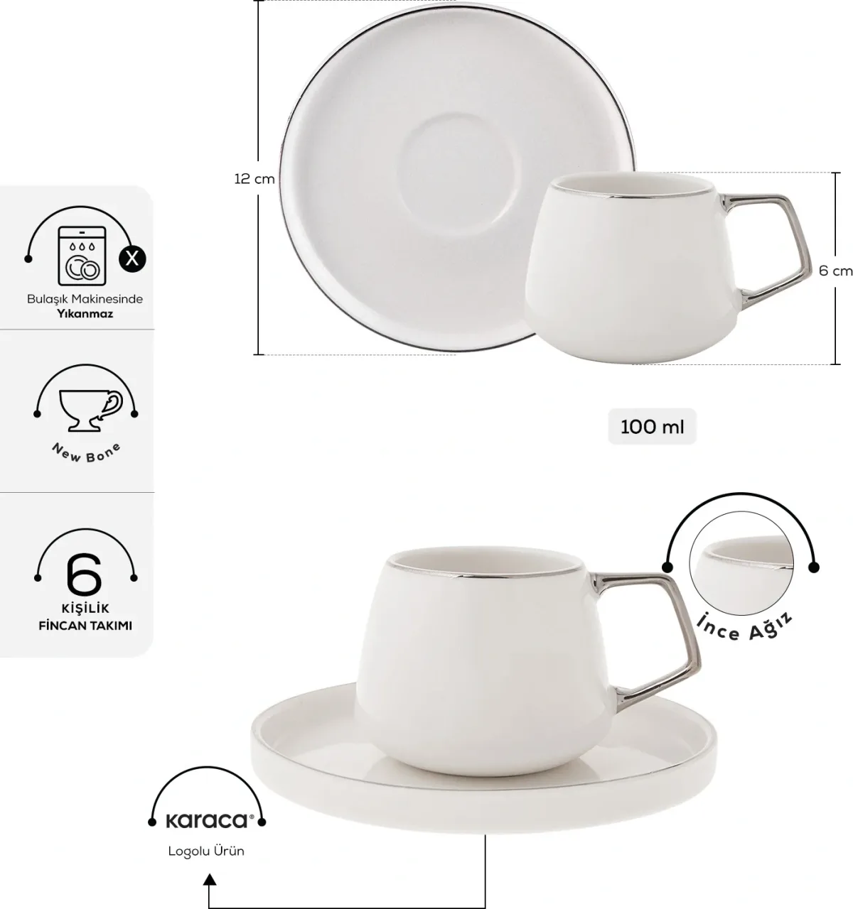 Karaca Streamline Saturn 6 Kişilik Kahve Fincan Takımı 100 ml Platin - görsel 2