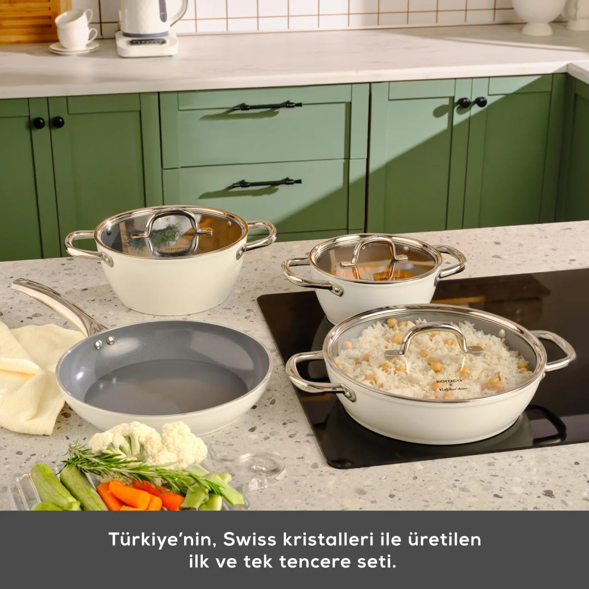 Karaca x Refika Swiss Crystal Creamy Metal Kulplu 7 Parça Tencere ve Tava Seti Krem - görsel 3